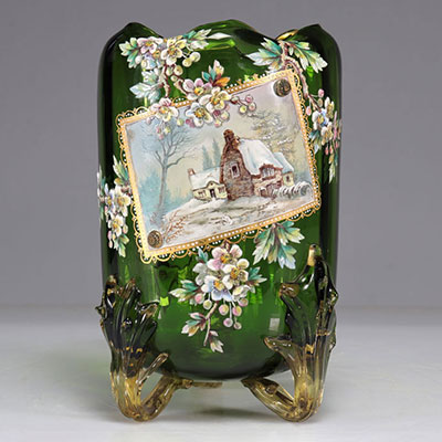 Enamelled Art Nouveau vase with winter decor and flowers