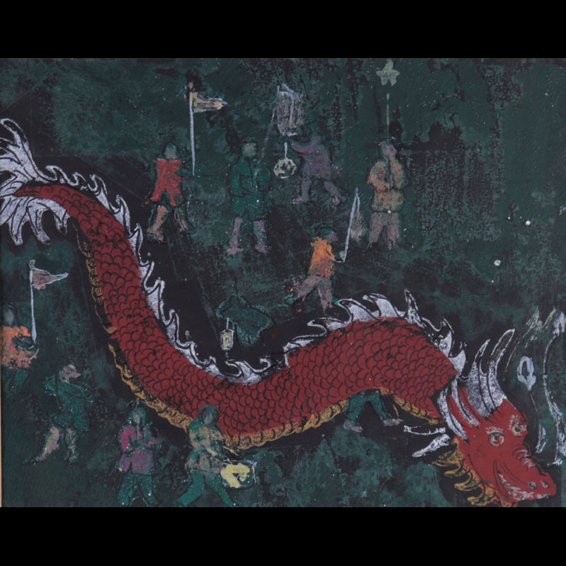 Watercolor china dragon dance scene 20th