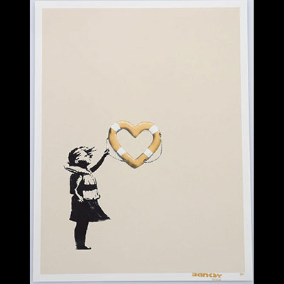 Banksy (d'aprés) Post Modern Vandale Sérigraphie polychrome Fille avec flotteur en forme de coeur certificat d'authenticité signé à la main