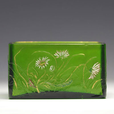 Emile GALLÉ green jardinière with enamelled flowers and signature on top