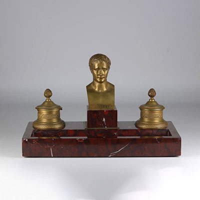 Inkwell in gilded bronze and Saint-Rémy marble signed Chaubet