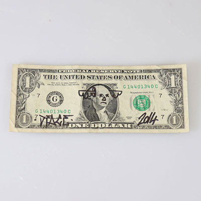 D*Face - One Dollar Bill, 2014 Black marker on U.S. One dollar bill. Hand signed by the artist