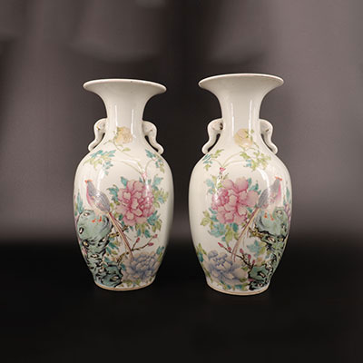 Chine - Paire de vases à décor d'oiseaux et de fleurs anses formées de têtes d'éléphants fin du 19ème