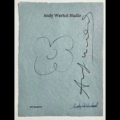 Andy Warhol. « Flower ». Rare dessin d'une fleur au feutre noir, signé « Andy Warhol » réalisé sur un papier à en-tête du « Andy Warhol Studio - 860 Broadway New York .N.Y. 10003 ».