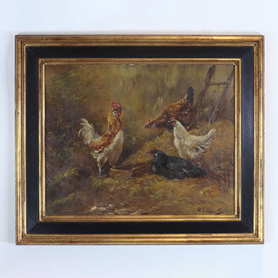 Paul SCHOUTEN (1860-1922) Oil on canvas rooster and hens