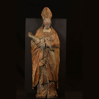 Grand sculpture en bois polychrome Saint Nicolas 17ème