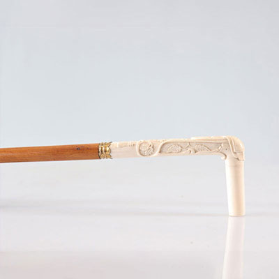 Cane carved ivory handle with roses and cord. Certificate. CITES