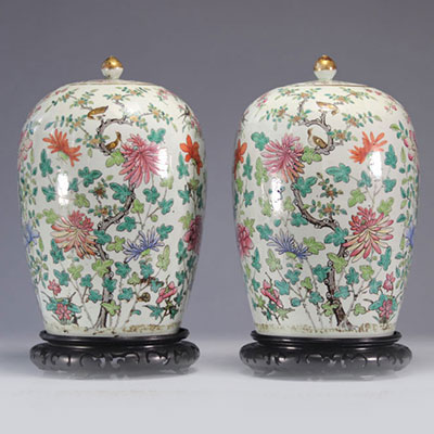 Paire de vases couverts en porcelaine famille rose décor floral et oiseaux