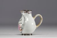 China - Compagnie des Indes porcelain coffee pot, silver and vermeil mount with Famille Rose romantic decoration, 18th century.