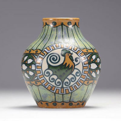 KERAMIS Stoneware vase decorated with medallions featuring roosters