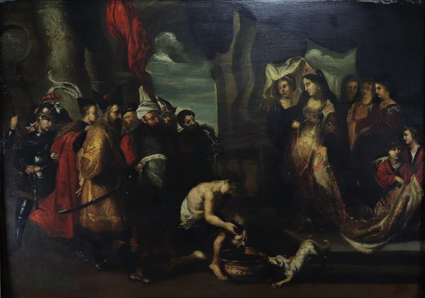 Ecole flamande du 18ème – D’après Rubens, Tomyris plonge la tête de Cyrus dans le sang. Huile sur panneau.