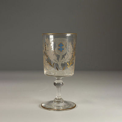 Ecole de Nancy Engraved crystal glass and thistles enamel and Lorraine cross 1900
