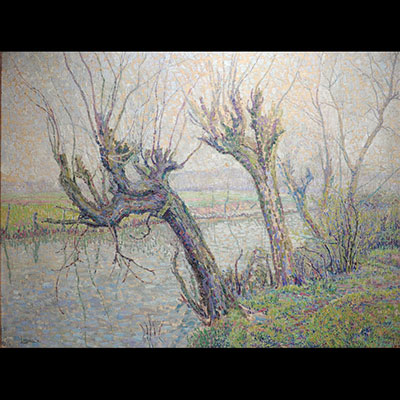 Louis Merlin (1886 – 1919) Grande huile sur toile « bord de rivière