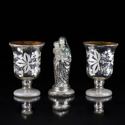 Lot of glasses and Madonna and Child mercury glassware 19th