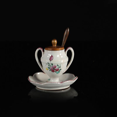 Niderviller France Mustard pot decorated with flowers. Welded saucer. 18 / 19th