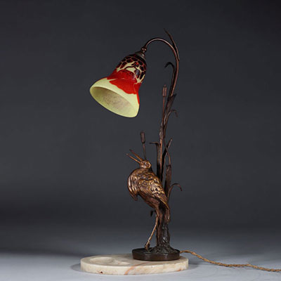 Lampe bronze héron dans les roseaux bobèche Le verre Français vide poche en onyx vers 1900