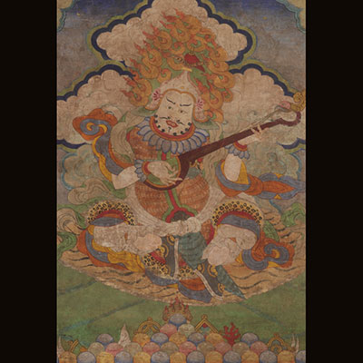 Peinture sur toile représentant Dhṛitarāṣhṭra le roi gardien de l'Orient