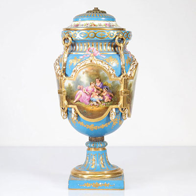 Sèvres porcelain lamp base painted in cartouches of romantic scenes 19th