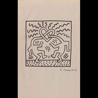Keith Haring.« Dancing love ». Feutre noir sur papier. Signé « K.Haring ». Daté 86. Porte au dos le cachet de « Authorized by the Estate of Keith Haring »