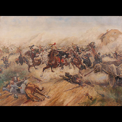 Eugène PÉCHAUBES (1890-1967) huile sur toile grande scène de bataille 