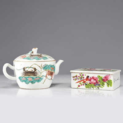 Box and teapot in famille rose porcelain circa 1900