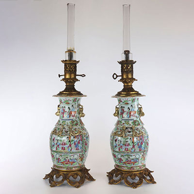 Pair of Canton porcelain and 19th century bronze lamps