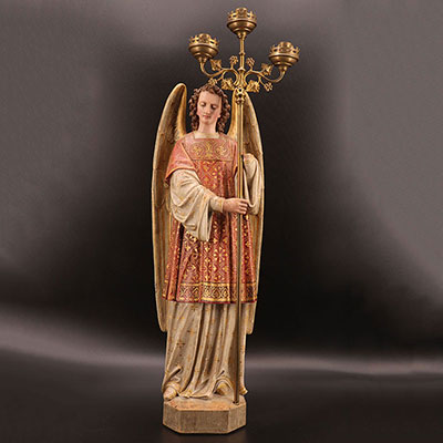 19th century polychrome terracotta angel candle holder 