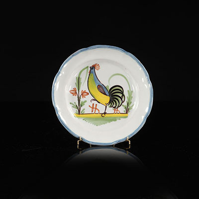 Waly France Plate with black cock. Blue mesh scalloped edge. 19th.