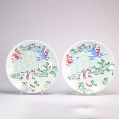 Pair of Famille Rose porcelain plates decorated with characters