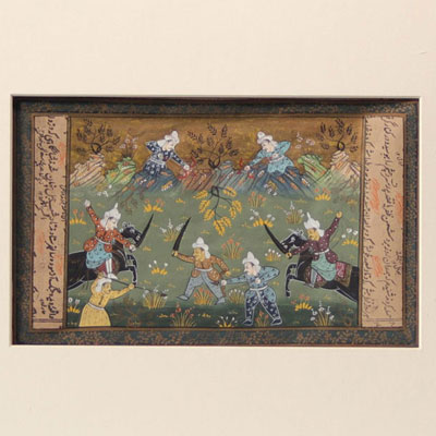 Illumination from the beginning of the 19th Century (19th century), IndoPerse gouache representing a battle scene. A Persian text is on the back and on the front.
