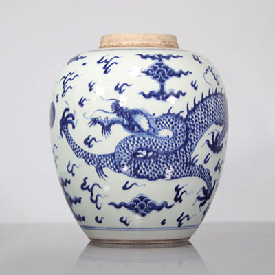 Vase en porcelaine blanc bleu à décor de dragons marque au cercle