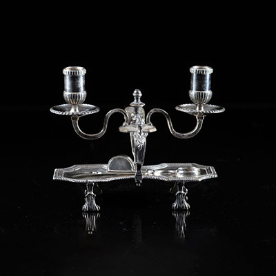 France silvered bronze hand candlestick with two sconces and Louis XV mouchette