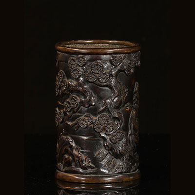 China or Japan - bronze brush holder with 18-19th century character decoration