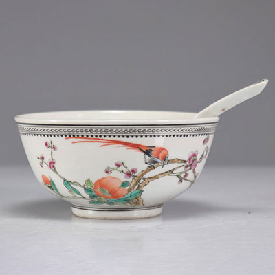Porcelain bowl and spoon with republic decor, bird decor