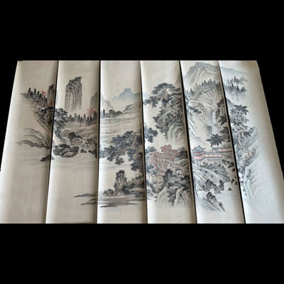 Lot de 6 peintures rouleaux. Chine à décor de paysages