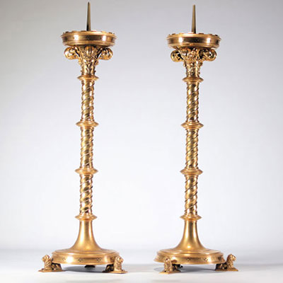 Pair of large candlesticks in gilded bronze - exceptional gilding