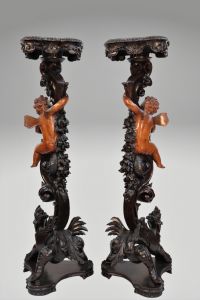 Imposing pair of harnesses (1m63) in wood carved with 19th century angels and dragons