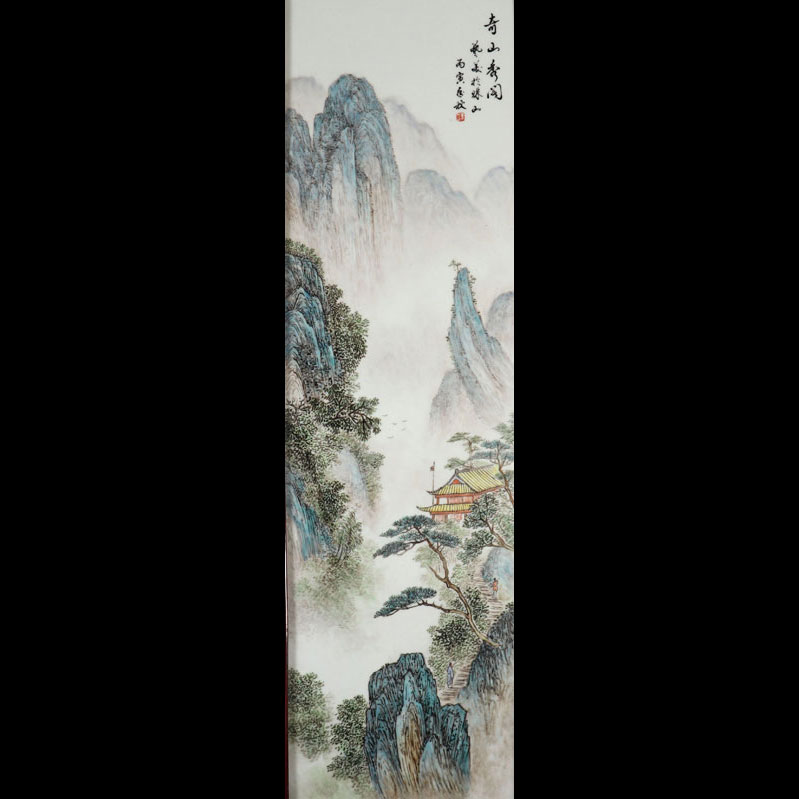 Chine grande plaque en porcelaine peint d'un décor de paysage en montagne signature d'artiste