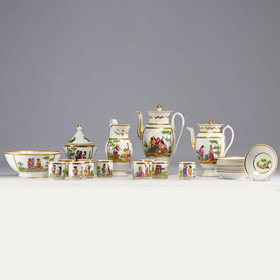 Service à café et à thé en porcelaine de Bruxelles à décor de personnages, XIXe siècle.