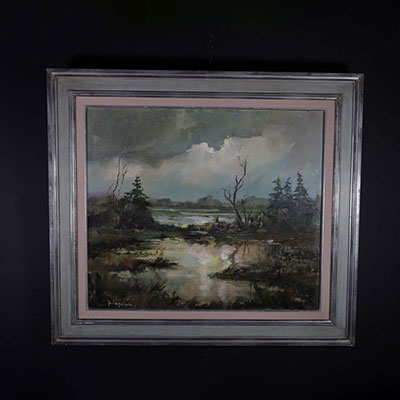 Henri LEMOINE (1922-2009), huile sur toile représentant un paysage lacustre. 