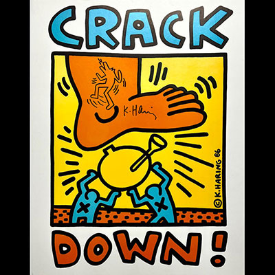 Keith Haring. « Crack Down ! ». Affichage. 1986. Signée « K.Haring » au feutre noir et agrémenté d'un dessin original.