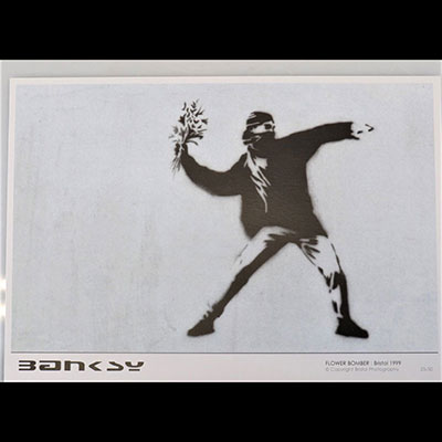 Banksy. Flower Bomber. Bristol, 1999. Color offset print, published by Bristol Photography in 1999. Limited edition of 50 copies. Signed in the plate.
