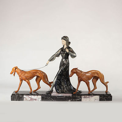 Imposing Art Deco sculpture"the lady with the greyhounds"