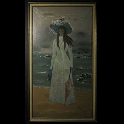 Marguerite Brouhon - Grande huile (1m72) sur toile - jeune femme au bord de mer