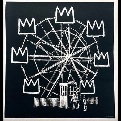 Banksy. “Banksquiat”. Big Wheel of Dismaland - Tribute to Basquiat in reference to the crowns acting as nacelles. Black and white offset printing.