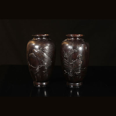 Japon - Paire de vases  en bronze à décor d'aigle et pigeon
