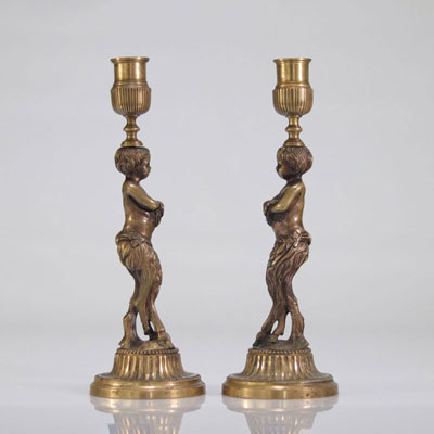 Pair of 2 bronze candlesticks decorated with fauna. Napoleon III period