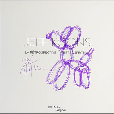 Jeff Koons, Attribué à - Balloon Dog Dessin au stylo violet sur une page de livre encadré sous verre. Signé à la main.