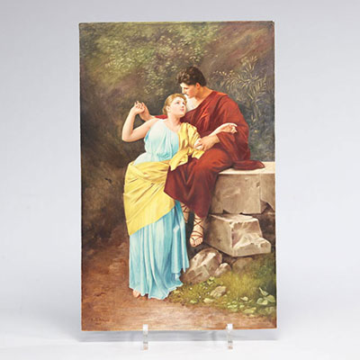 Plaque en porcelaine peinte d'une scène romantique à l'antique