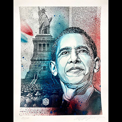 C215, Christian Guémy. « Obama ». Impression en couleurs sur Canson papier 310g. Signée « Christian Guémy » en bas à droite. Numéroté 13/100 en bas à gauche.